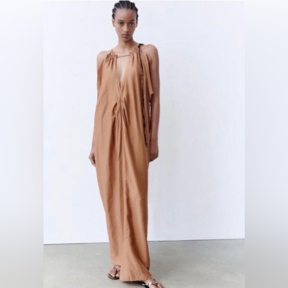 #1080 Zara Sleeveless Tan Draped Maxi Dress - Picture 9 of 14